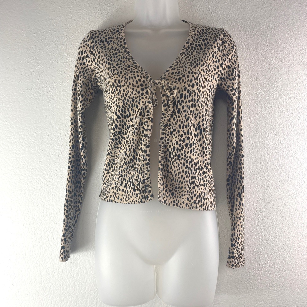 John Galt Leopard Print Tie-Front Cardigan One Size Tan Black Y2K Indie Sleaze